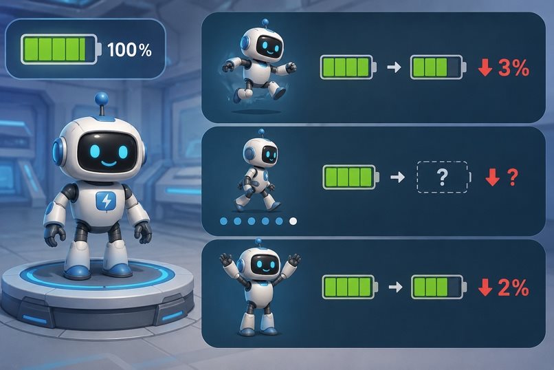 Robot dengan panel perintah dan indikator baterai